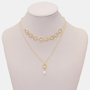 Double-Layered Heart & Pearl Pendant Necklace