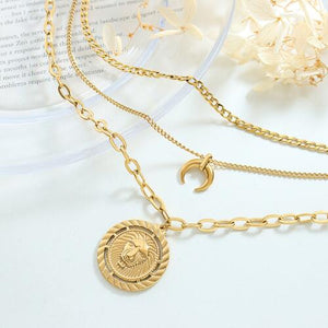 Coin Pendant Triple-Layered Chain Necklace